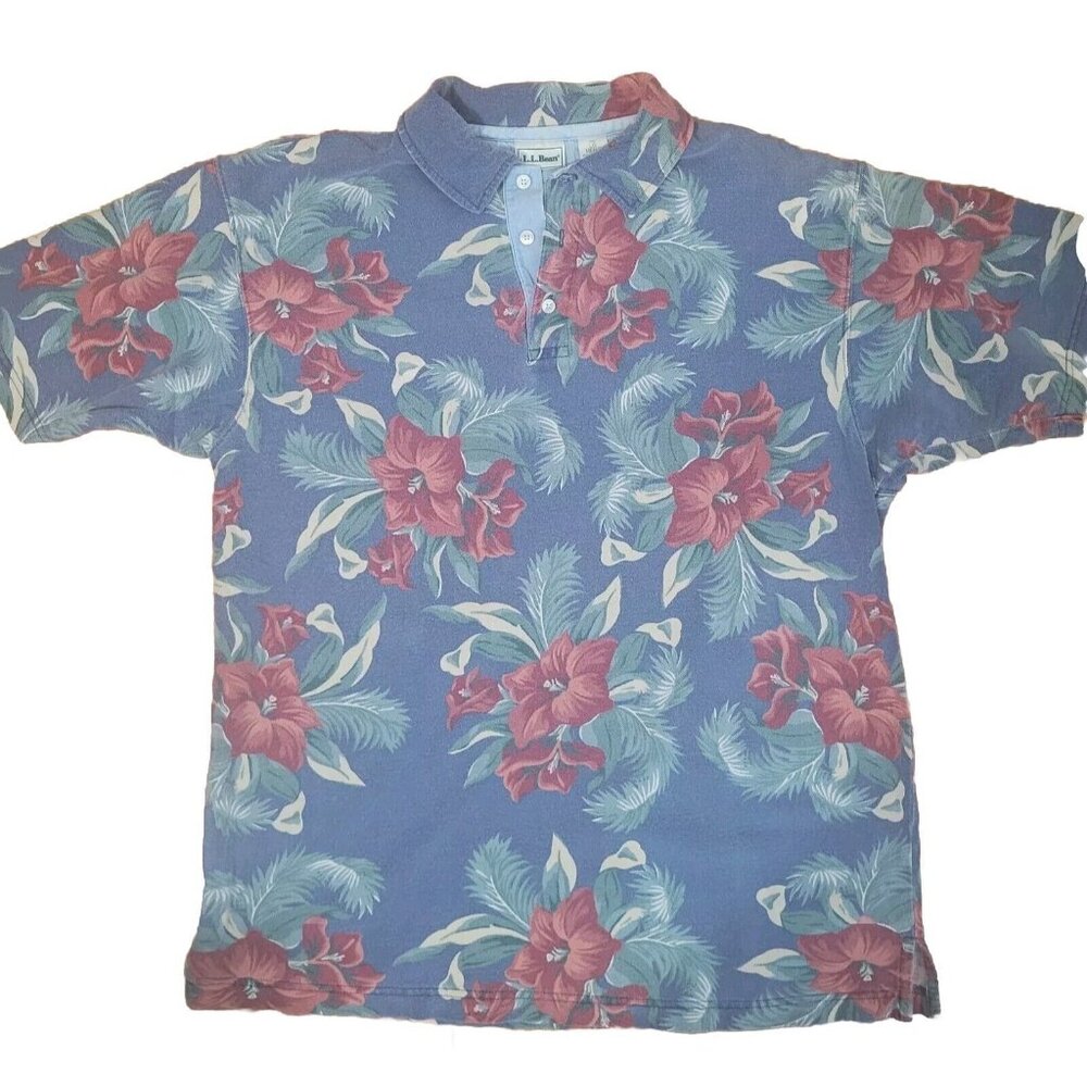 Vintage L.L. Bean Polo Shirt Size Large Short Sleeve Blue Summer Casual Floral